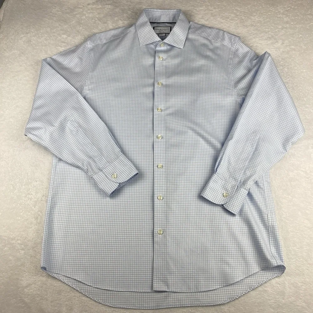 Charles Tyrwhitt Dress Shirt Mens 16.5-35 Blue/White Checks Classic Fit No Iron